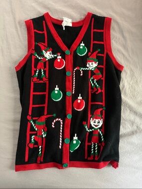 Men's Black & Red Holiday Elf Knit Cardigan Vest